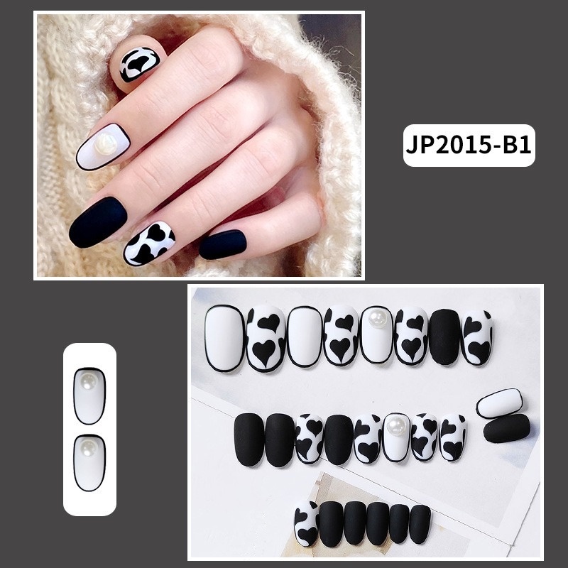 [Hàng mới về] Set 24 móng tay giả màu trắng đen đính ngọc trai giả kèm keo dán diy
