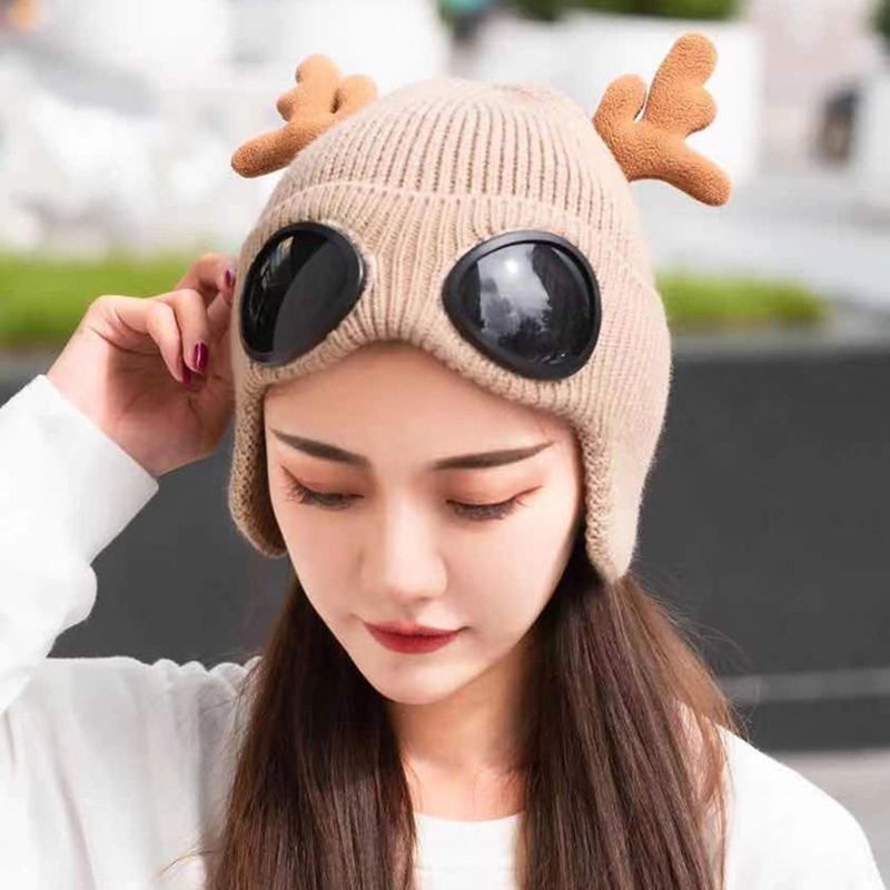 Mũ beanie Dệt Kim Tích Hợp Kính Bảo Vệ Tai Màu Sắc Trơn Dành Cho Trượt Tuyết