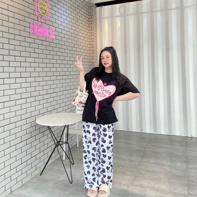 Set áo trái tim phối dây nơ quần suông gân A5