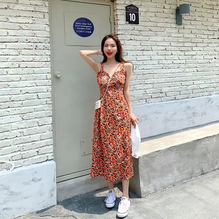 Đầm lụa hàn SEFA họa tiết hai dây