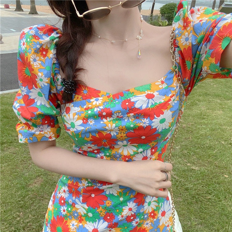 Đầm nữ họa tiết hoa xinh xắn thắt eo phong cách Mỹ thời trang