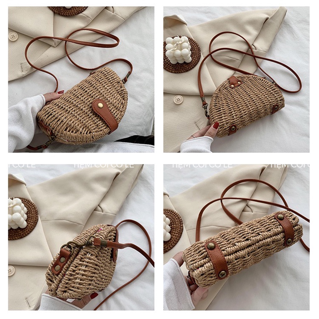 Túi cói đi biển mẫu vintage dáng sò đeo chéo vai tiện lợi - Tiệm Cói Cô Lê
