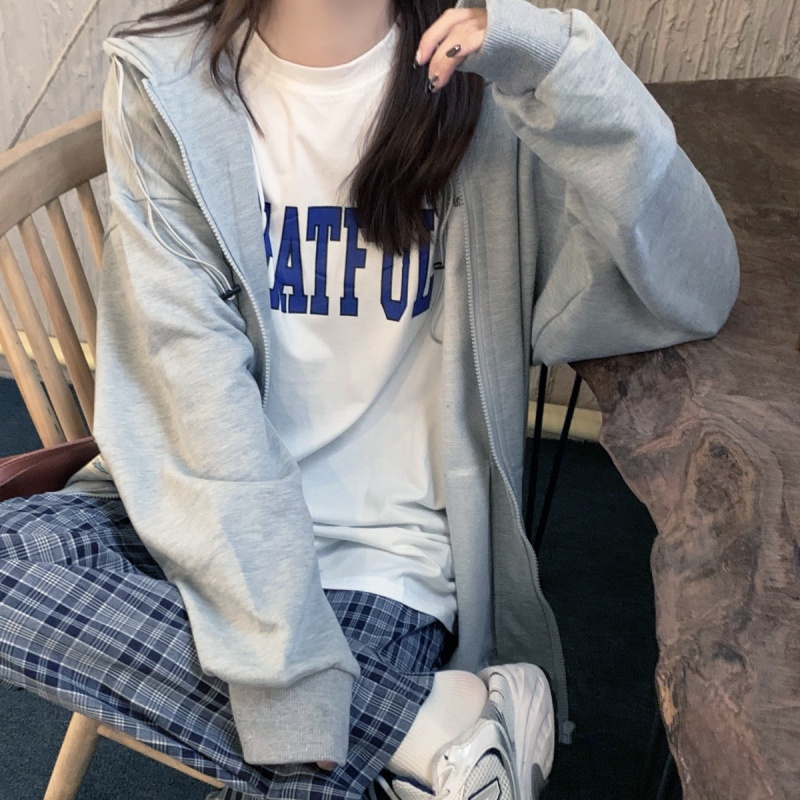 SUXI Áo khoác hoodie mỏng có khóa kéo tối giản cho nữ