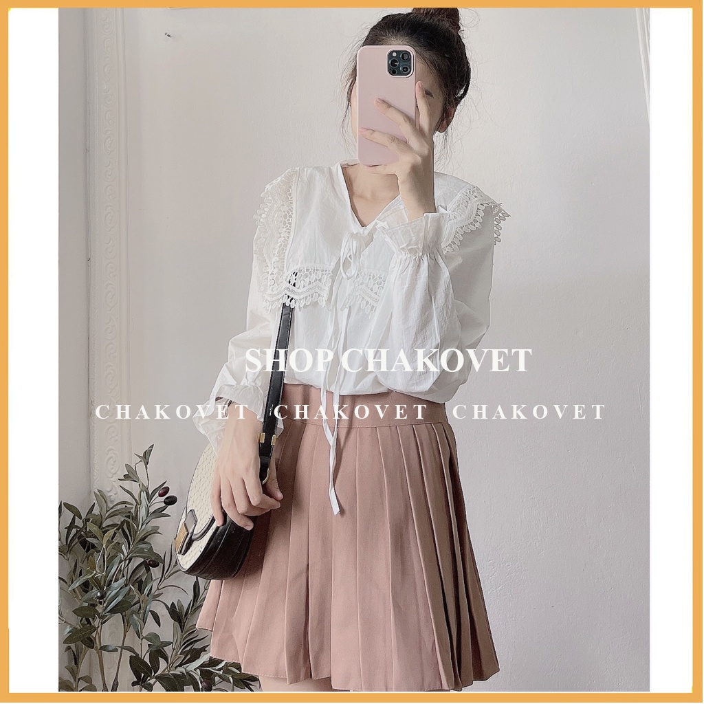 Áo kiểu nữ cổ tròn thắt nơ dây màu trắng cka833, kiểu áo sơ mi cổ bèo viền ren đẹp cá tính sành điệu freesize<55kg | BigBuy360 - bigbuy360.vn