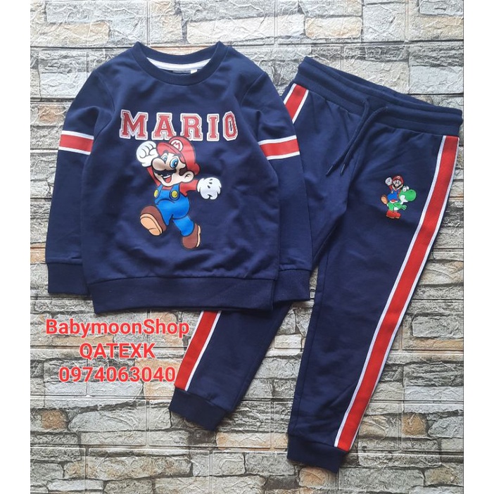 Bộ nỉ bé trai CA mario xanh navy
