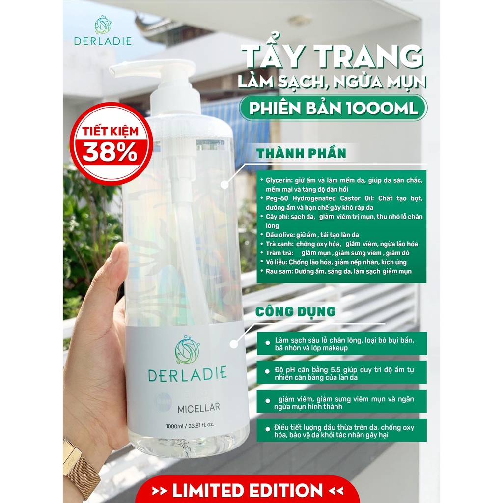 Nước Tẩy Trang Derladie Cleansing Water Witch Hazel Làm Sạch Ngừa Mụn Trên Da 500ml