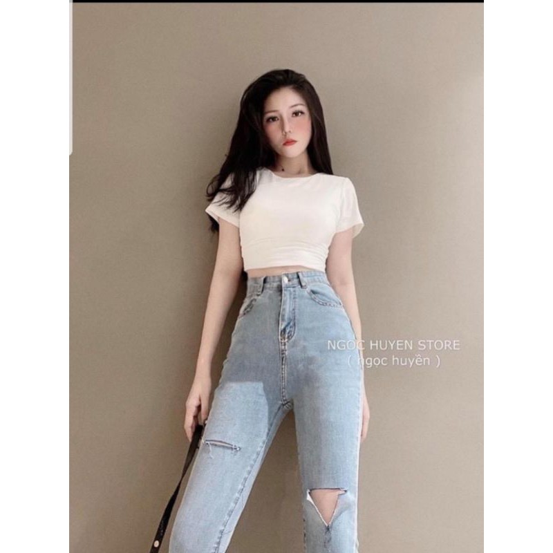 Quần bò nữ rách cạp cao-999