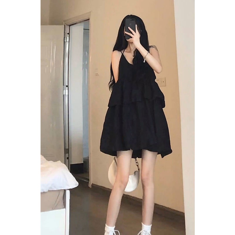 Đầm Hai Dây Dáng Chữ a Eo Cao Cổ Chữ v Phối Bèo Và Chân Váy Chữ a Eo Cao Phong Cách Hàn Quốc Dành Cho Nữ