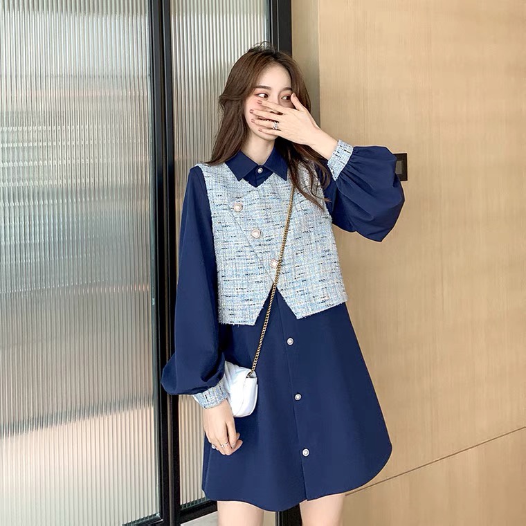 Đầm suông nữ cổ bẻ, có cúc, phối áo khoác gile cúc chéo - Váy sơ mi nữ dáng lửng dài tay bo ống