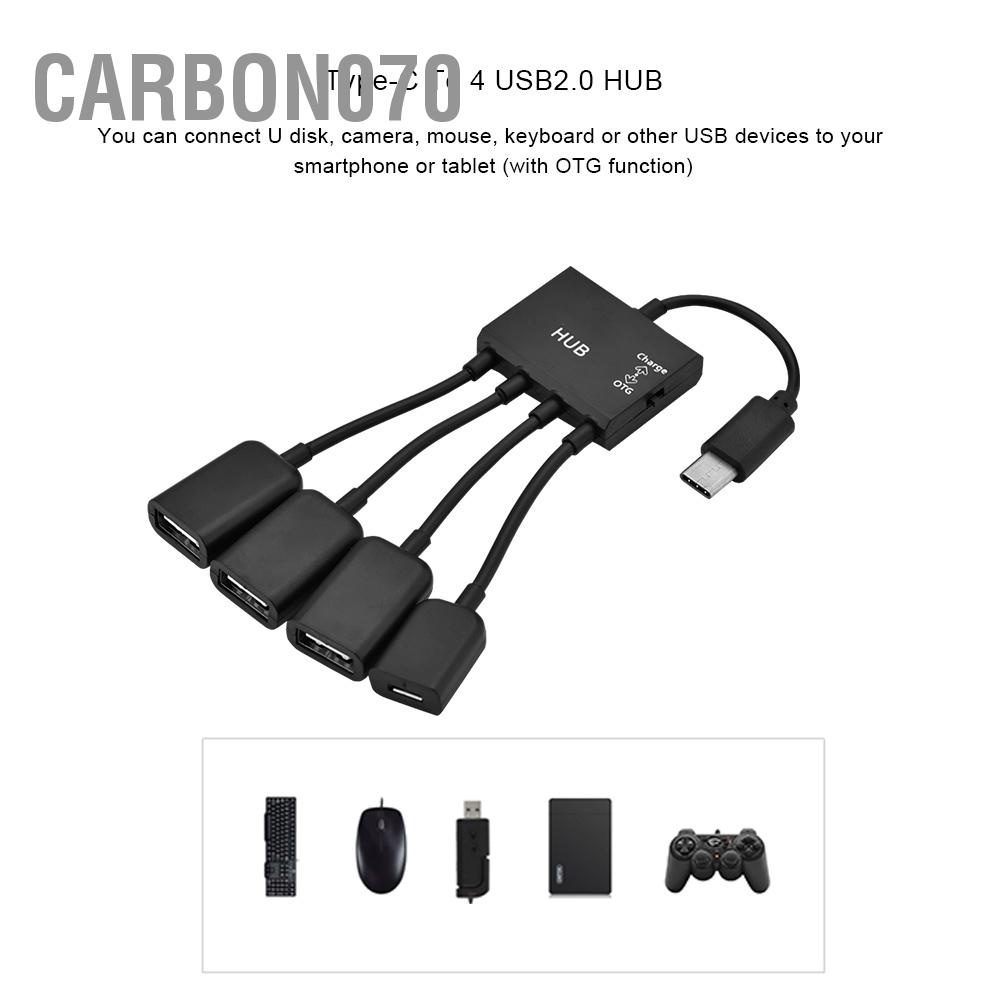 Hàng Sẵn Cáp chuyển đổi 4 trong 1 USB 3.1Type-C sang USB 2.0 4 Cổng Hub Chức năng OTG với Sạc USB-C【Carbon070】