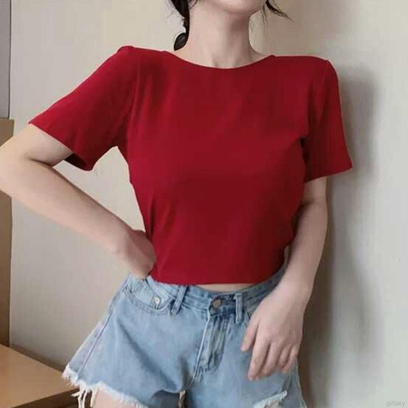 Áo croptop ngắn tay cổ V hở lưng quyến rũ phong cách Hàn Quốc