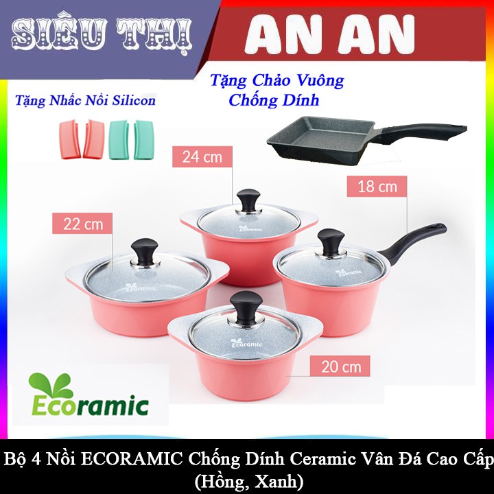 Bộ 4 nồi gốm sứ ECORAMIC bếp ga điện chống dính size 18 20 22 24 cm màu hồng tặng 2 nhắc nồi sillicon và chảo vuông