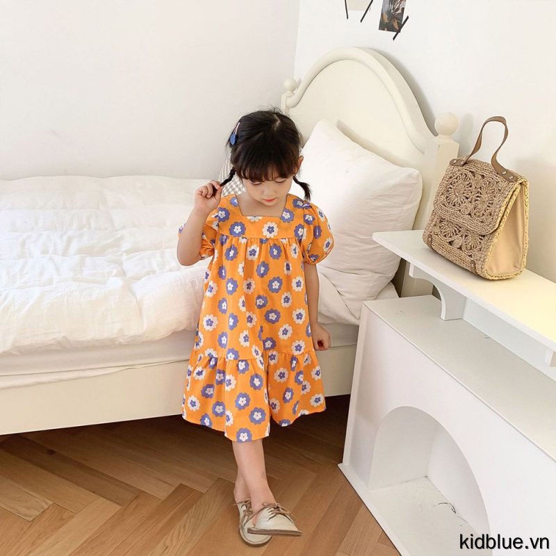 Đầm công chúa dáng rộng cổ vuông phong cách Hàn Quốc mùa hè cho bé gái