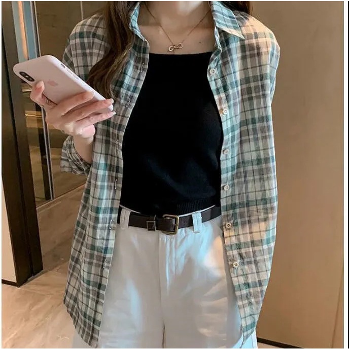 Áo Sơ Mi Nữ Dáng Rộng Họa Tiết Caro Phong Cách Retro Mới