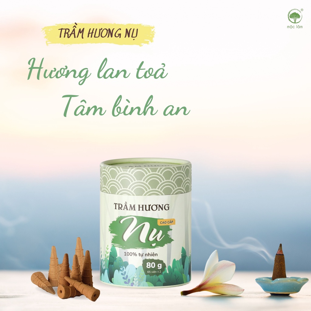 [80g] Nhang Nụ Trầm Hương MỘC LÂM, 65 Viên, Nhang Trầm Nụ Khói Ngược Cao Cấp Xông Nhà Thanh Tẩy