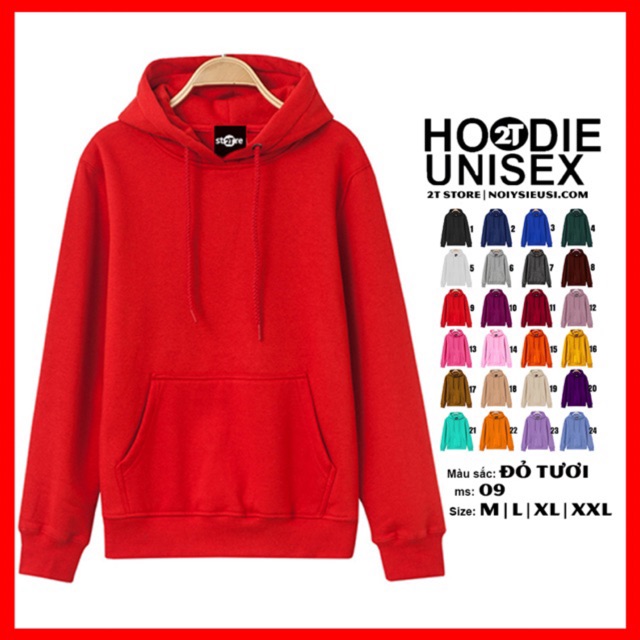 Áo hoodie unisex 2T Store H09 màu đỏ tươi - Áo khoác nỉ chui đầu nón 2 lớp dày dặn đẹp chất lượng