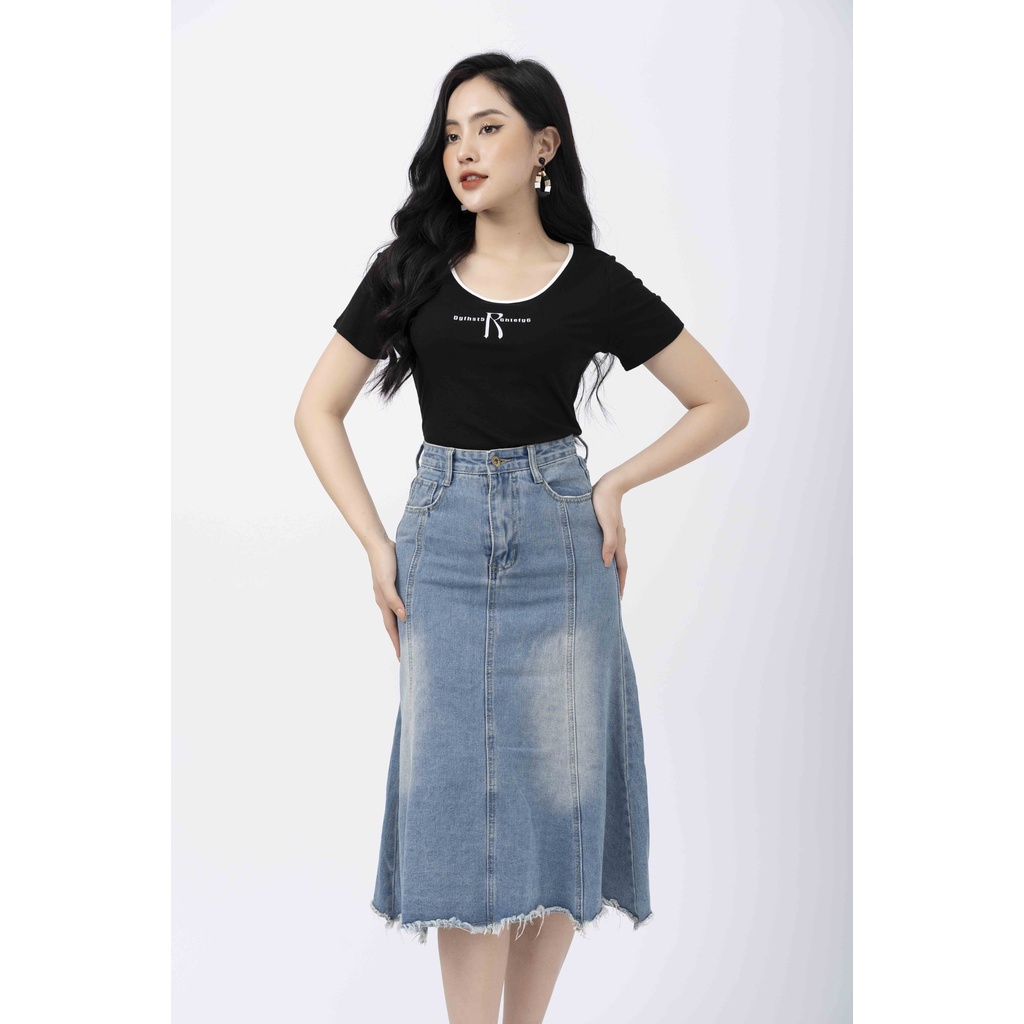 Chân váy bò dáng đuôi cá dài qua gối, chân váy Jeans FIONA B242001