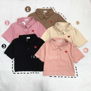 Áo thun tay ngắn cổ bẻ thêu tim cuốn biên ulzzang thời trang nữ VM Shop 21TU04T372004