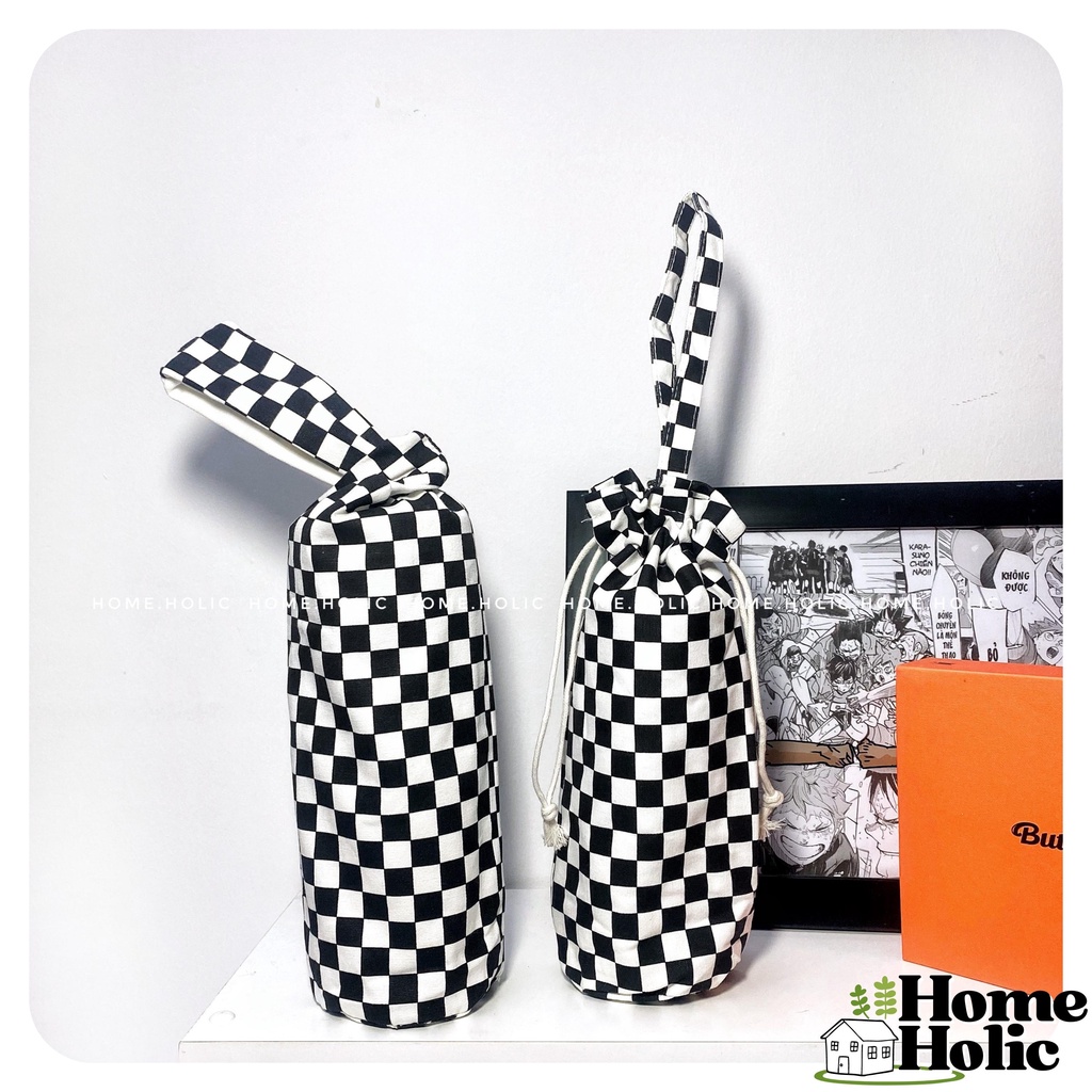 Túi Vải Quai Xách/ Dây Rút Bình Nước Giữ Nhiệt Bằng Vải Hoạ Tiết Caro Trái Cam Trắng Đen Lạ Mắt 500ml Home Holic