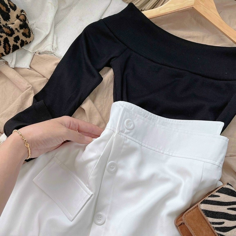 SET Áo bẹt vai kèm Chân váy nhung tăm chéo NÀNG CLOSET