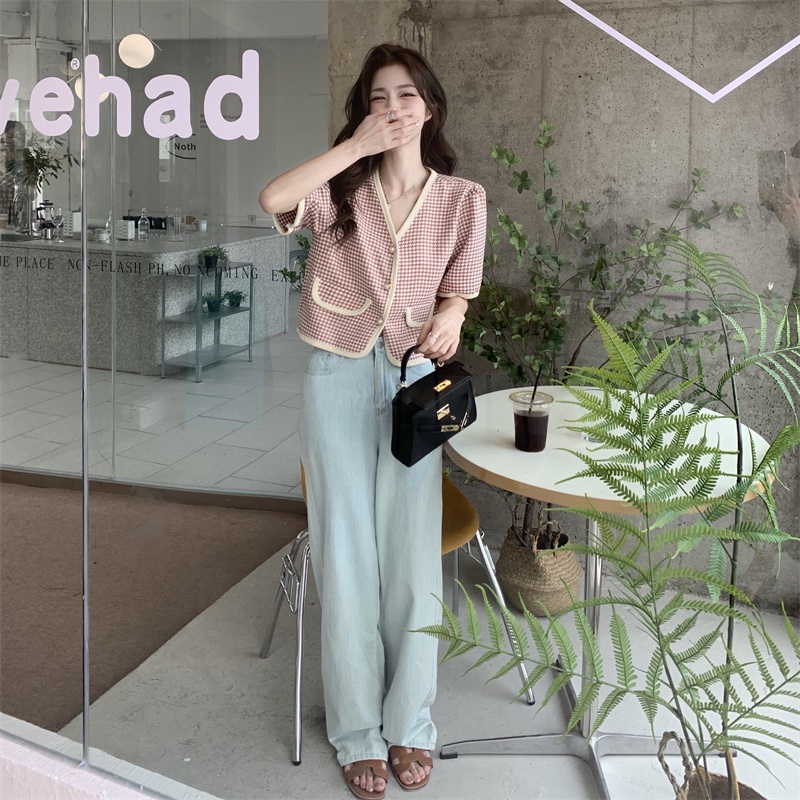Áo cardigan dệt kim ZHELIHANGFEI cổ chữ V tay ngắn dễ phối đồ thời trang