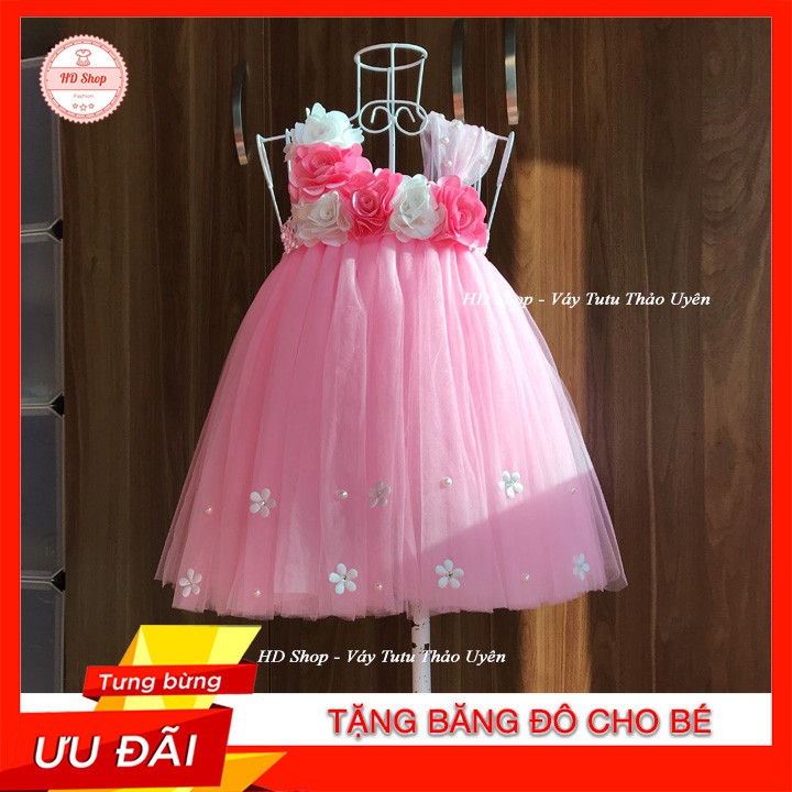 Đầm tutu cho bé ❤️FREESHIP❤️ Đầm tutu hồng phấn đính hoa hồng trắng hồng xen kẽ