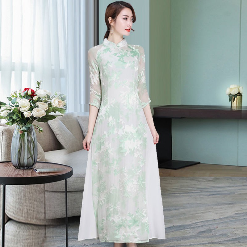 áo mẹ▩﹍Mùa thu năm 2021 áo dài phụ nữ kiểu Trung Quốc mới tự trồng sườn xám retro trà hàng đầu [đăng vào ngày