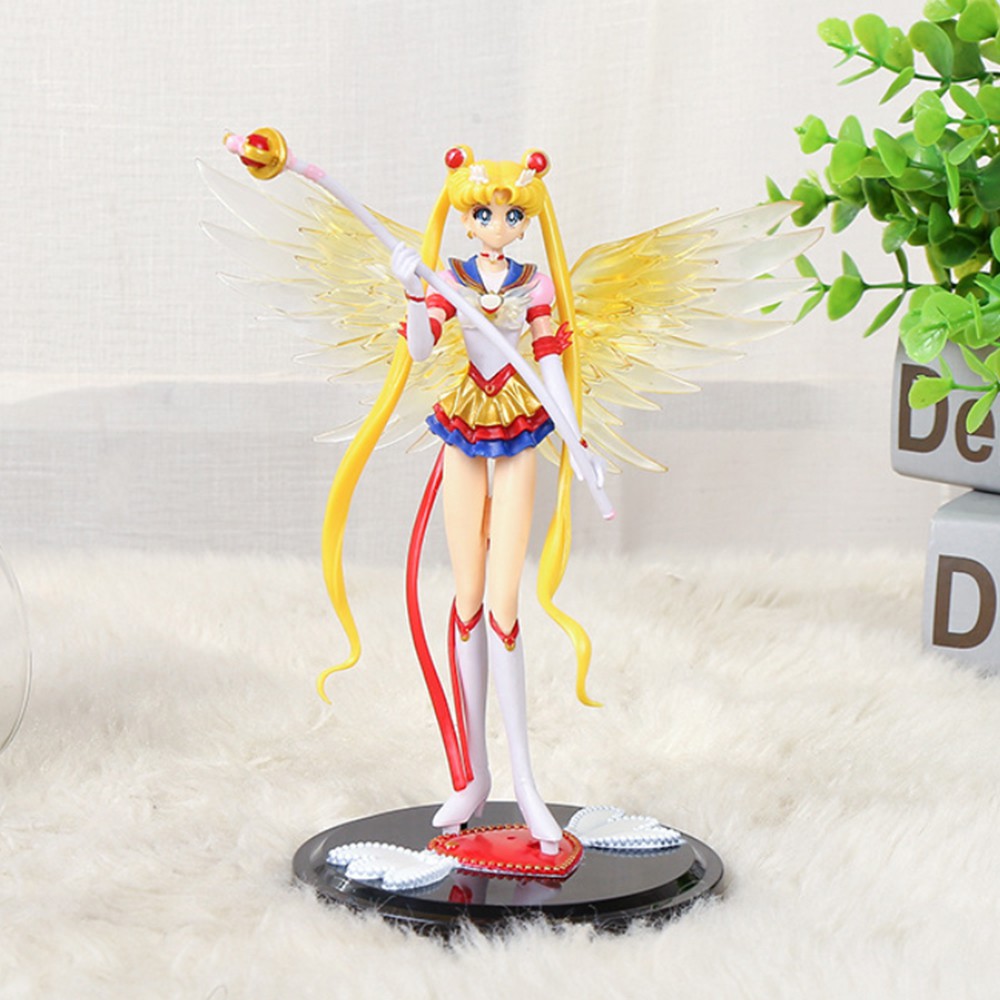 Đồ chơi mô hình nhân vật Sailor Moon Usagi - Thủy Thủ Mặt Trăng Anime có cánh cầm Trượng kèm giá đỡ trang trí bàn học