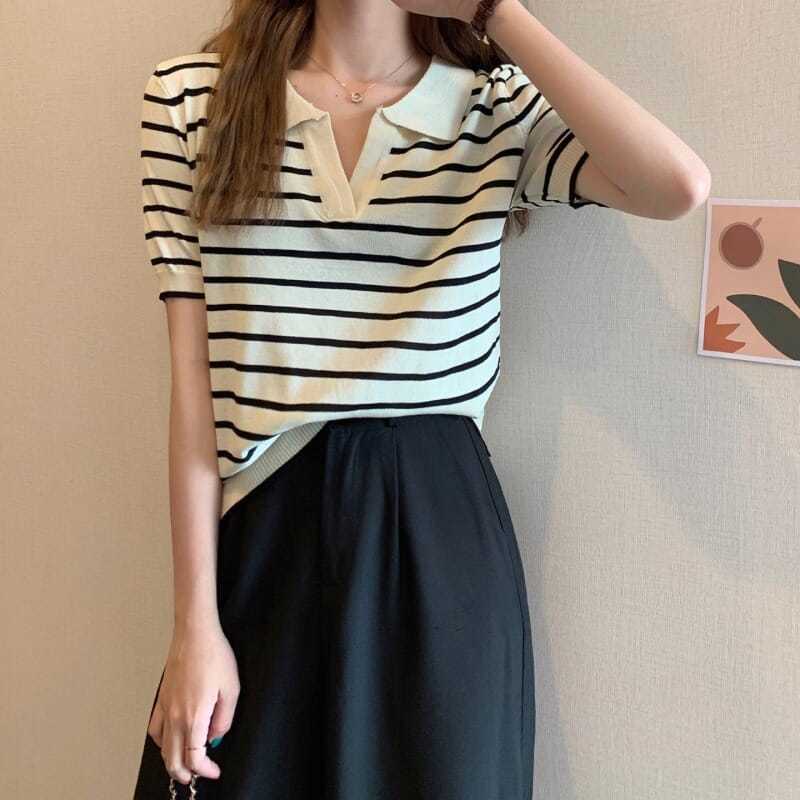 Áo Len Nữ Ngắn Tay Cổ Chữ v Kẻ Sọc Ngang Thời Trang Hàn Mới