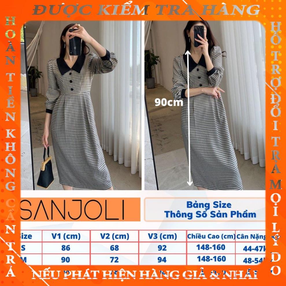Váy Công Sở Kẻ Caro Dài Tay Dáng Suông SANJOLI Đầm Thiết Kế Bo Cổ Tay Sang Chảnh VD057 qphat