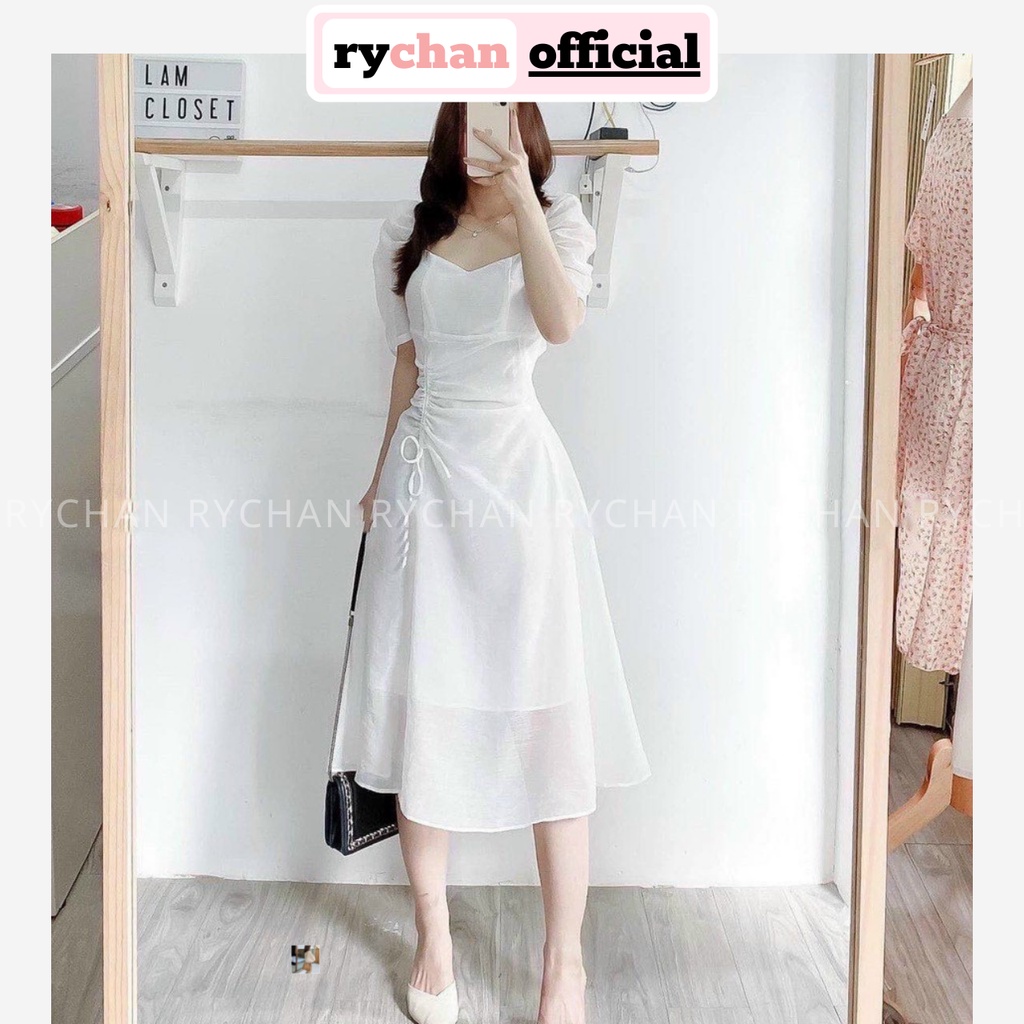 Đầm Xòe Midi Tay Phồng Rút Sườn 2 Màu Trắng Đỏ Sang Trọng [Ảnh Thật Cuối] - DX0071