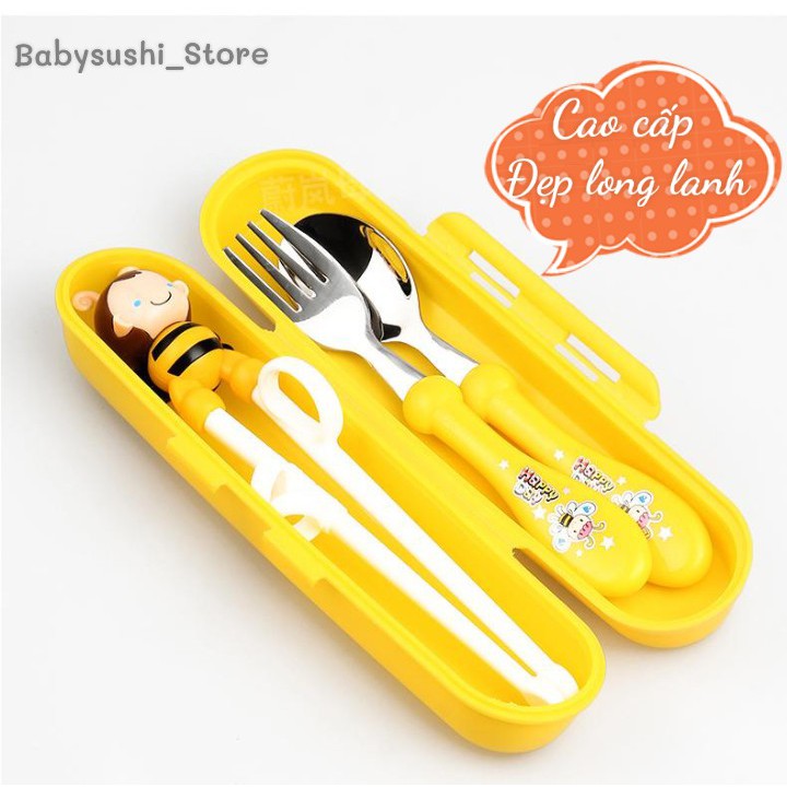 Bộ đũa tập ăn Babysushi Hàn Quốc kèm thìa và dĩa cho bé, bộ thìa dĩa đũa ăn dặm cho trẻ bằng inox cao cấp