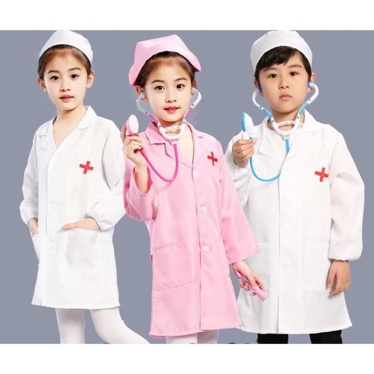 Đồ chơi trẻ em - bộ áo bác sĩ dành cho bé đóng vai tặng kèm nón vải mềm mát mịn unisex