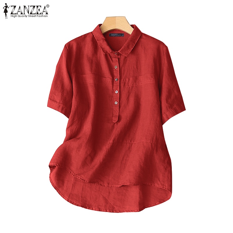 Áo ZANZEA màu trơn tay ngắn cổ tròn cài nút phía trước thời trang đơn giản dành cho nữ