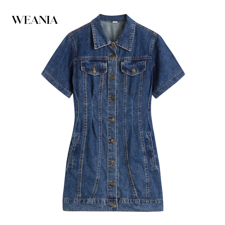 Đầm Denim Ngắn Tay Cổ Polo Phối Nút Thời Trang Dành Cho Nữ