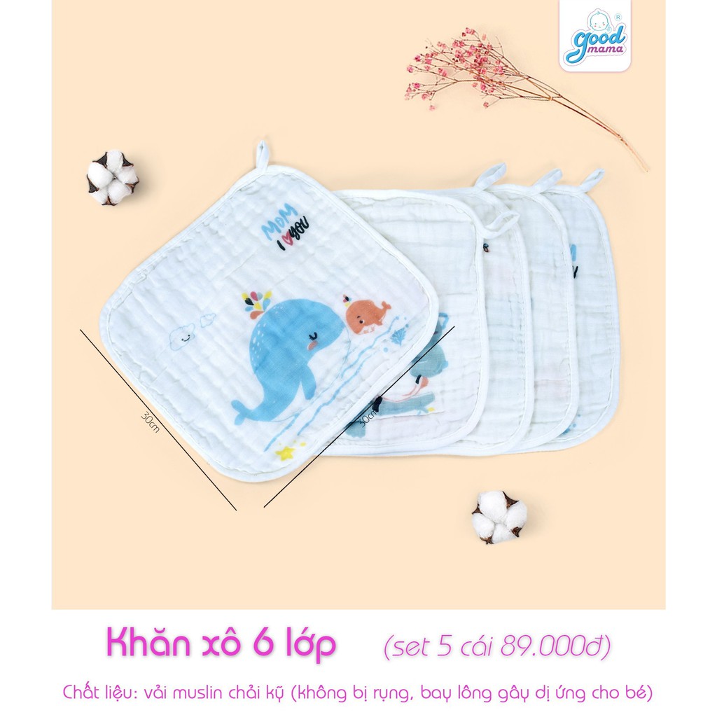 Khăn sữa cho bé 6 lớp Goodmama, Set 5 khăn 30x30cm, vải mềm mại dày dặn thấm hút tốt, họa tiết dễ thương