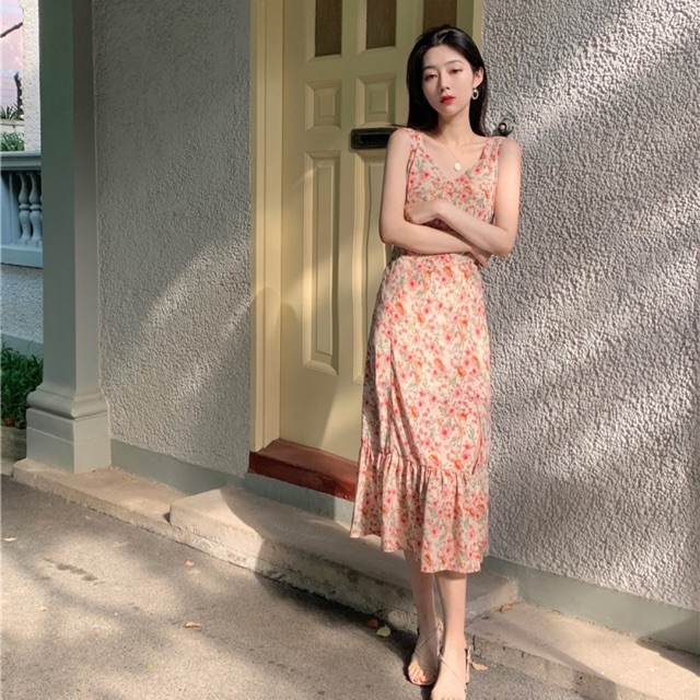 Đầm maxi hoa đuôi cá hai dây xẻ tà (CÓ SẴN) | BigBuy360 - bigbuy360.vn