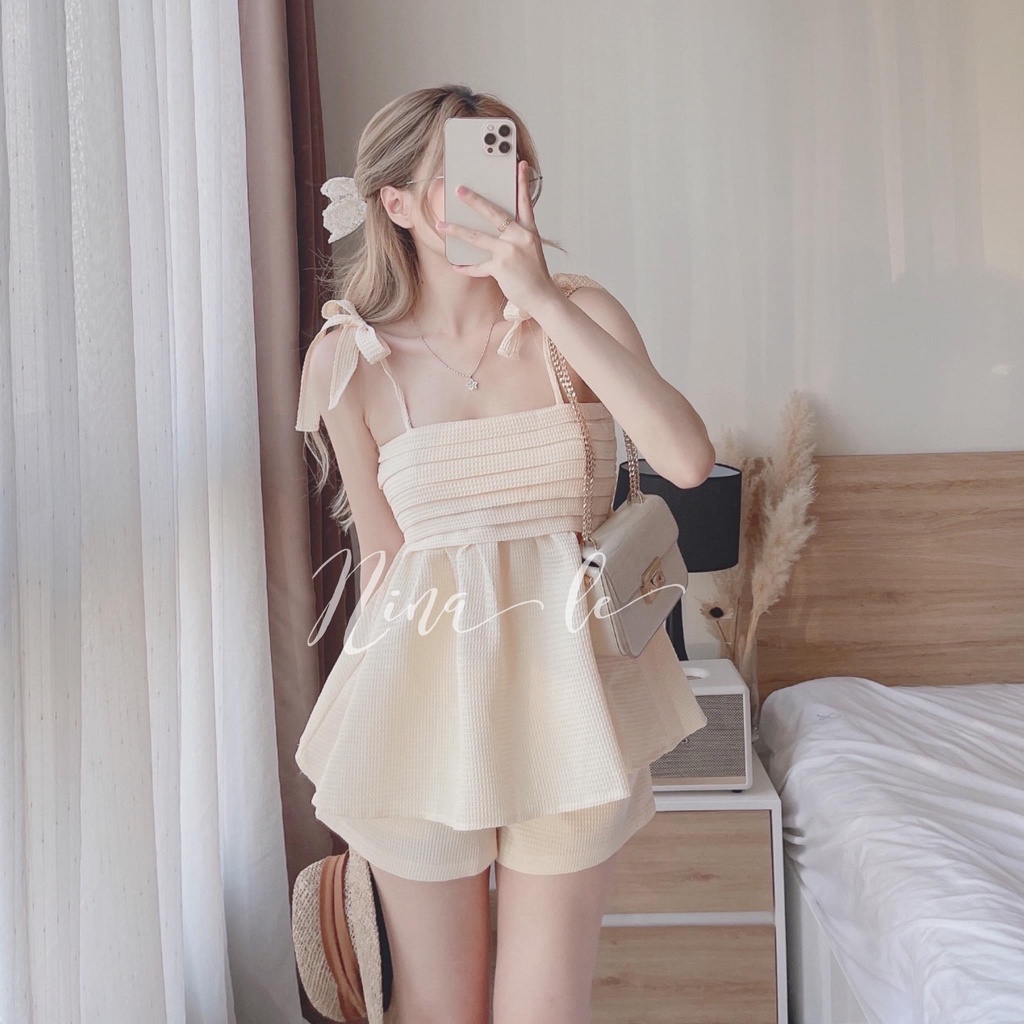 Bộ Áo 2 Dây Nơ Vai Xếp Ly Xếp Tầng 🦋 Set Áo Nữ Xòe Kèm Quần Short Vải Xốp 4 Màu 🦋