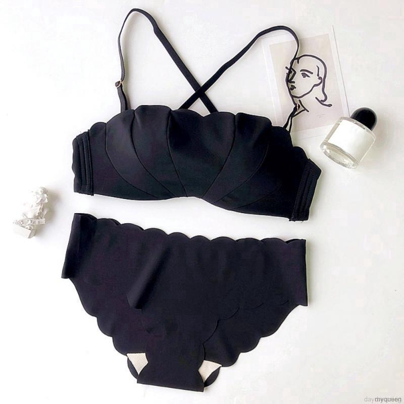 Set áo ngực không gọng nửa màu trơn + quần lót cùng hoạ tiết