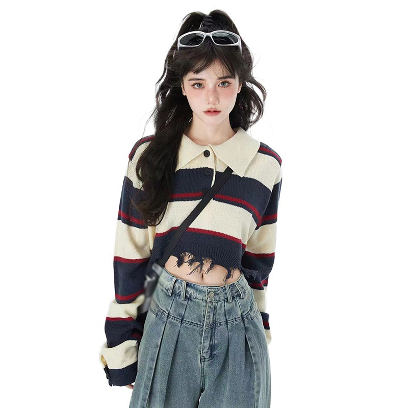 Áo Croptop Dệt Kim Tay Dài Kẻ Sọc Phối Tua Rua Thời Trang Vintage Hàn Quốc Cho Nữ
