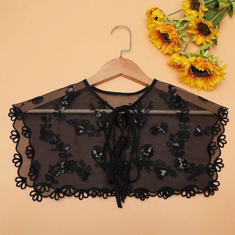 Khăn Choàng Cổ Thêu Hoa Đính Sequin Phối Dây Cột Nơ Có Thể Tháo Rời Cho Nữ