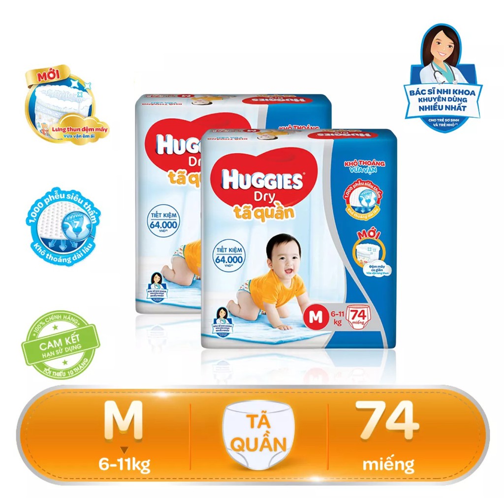 Bỉm Huggies quần/dán đủ size M74/L68/XL62/XXL56(Bao bì mới)