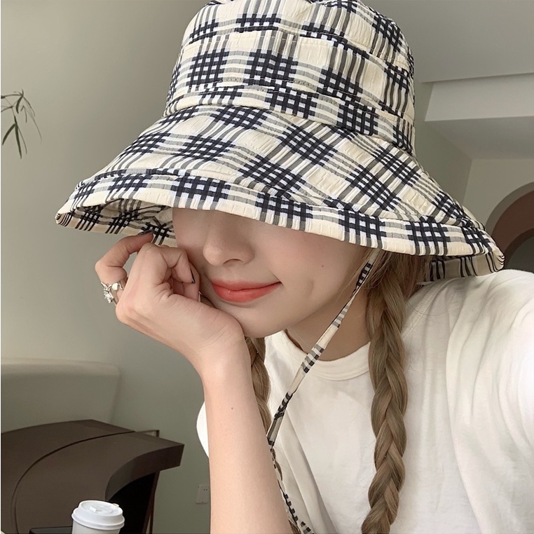 Nón Bucket Rộng Vành Họa Tiết Sọc Caro Phong Cách Nhật Bản Thời Trang Mùa Hè Cho Nữ