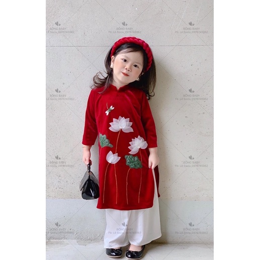 Áo Dài Nhung Hoa Sen Thêu Tay Cao Cấp Cho Bé 1-10 Tuổi