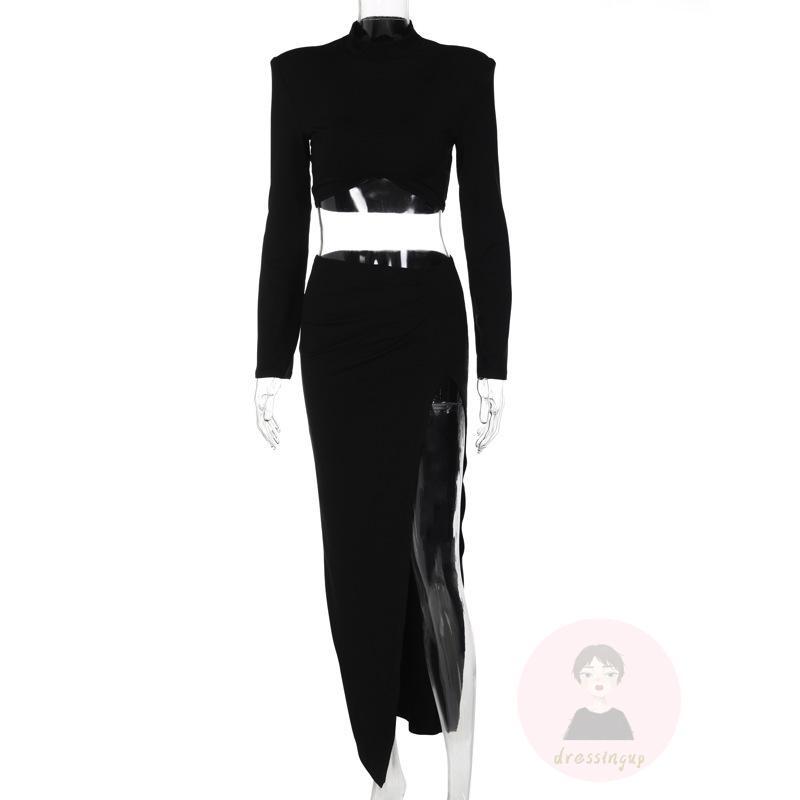 Bộ Áo Croptop Dài Tay Cổ Cao Màu Sắc Trơn Phối Chân Váy Dài Xẻ Tà Lưng Cao Thời Trang Cho Nữ