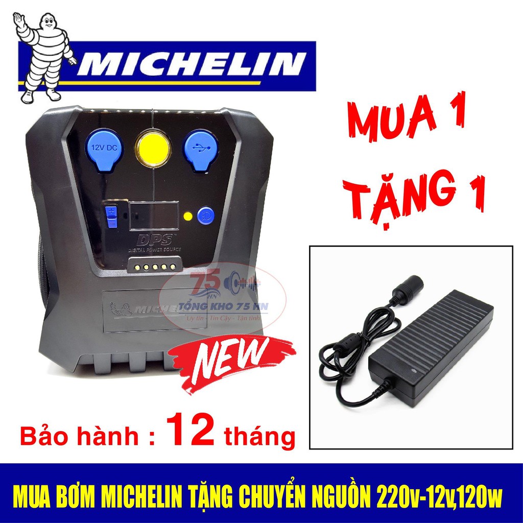 Bơm lốp tự ngắt Michelin 12266 model mới nhất - Bản tiếng anh + Bộ chuyển nguồn 220V-12V 120W (Đen)