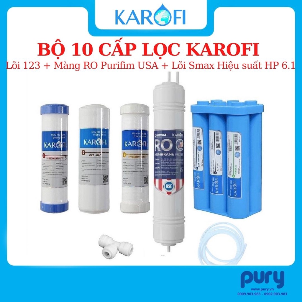 Bộ 10 Cấp Lõi Lọc Đúc Nguyên Khối Karofi SMAX Hiệu Suất Cao HP 6.1, 6.2 Hydrogen- Lõi Chức năng- Màng 100gdp Purifim Mỹ