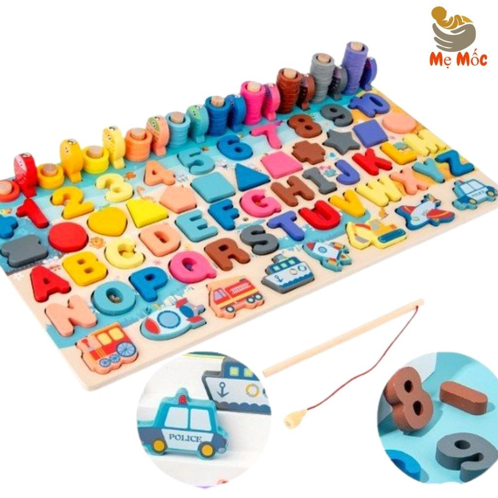 Bộ Bảng Câu Cá Gỗ 7 Trong 1 - Đồ Chơi Ghép Hình 134 Chi Tiết Chữ Số, Chữ Cái, Hình Khối Và Phương Tiện Giao Thông Cho Bé