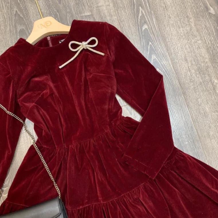 Bán sỉ váy nhung xòe kèm nơ tag đá