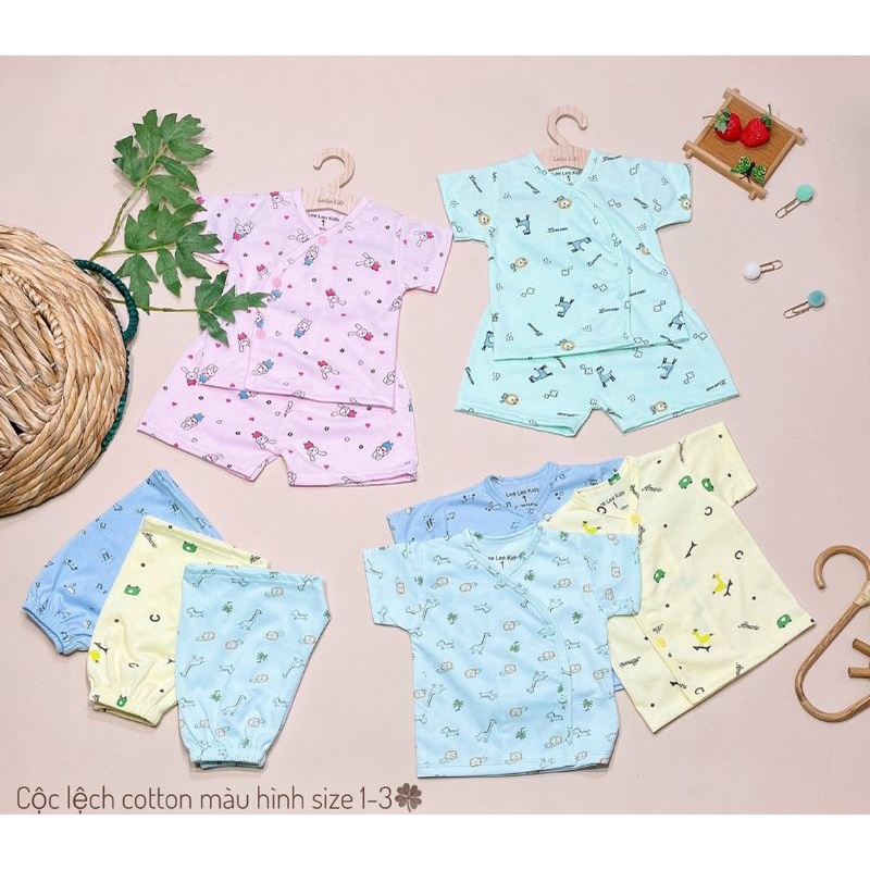 Bộ Quần Áo Cộc Sơ Sinh Cotton Leelee Kid, Vải Màu in Họa Tiết